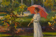 Antique Painting Woman In Garden With Parasol
